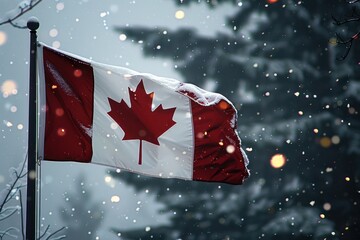 Close-up shot of the Canadian flag during snowfall