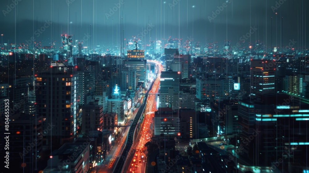 Poster smart city with speed line glowing light trail surround the city. big data connection technology con
