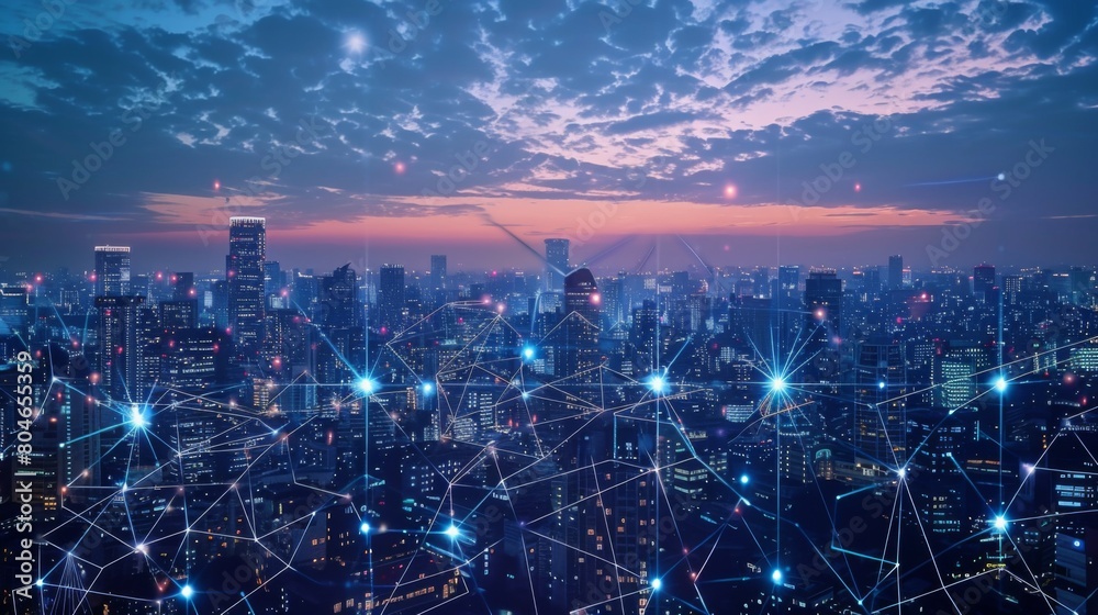 Aufkleber Smart digital city with connection network reciprocity over the cityscape . Concept of future smart wireless digital