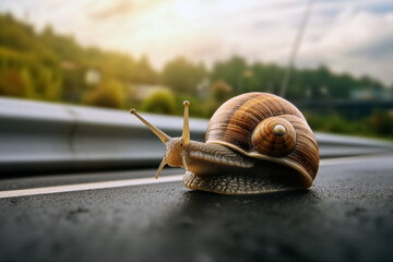 Snail on the road in a rainy day, close-up