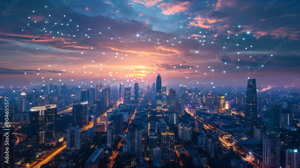 Poster smart digital city with connection network reciprocity over the cityscape . concept of future smart 
