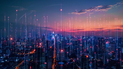 Fototapeta premium Smart digital city with connection network reciprocity over the cityscape . Concept of future smart wireless digital