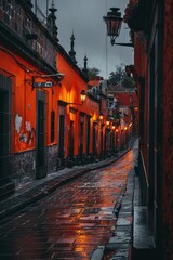 Mexican architecture. juicy red and black colors in night street, center of the city on a rainy day