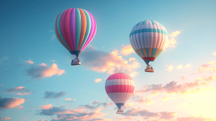 Naklejka premium Colorful hot air balloons ascend into sky dotted with fluffy clouds at sunset creating vibrant and picturesque scene