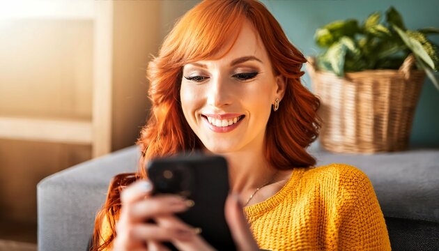 MULHER USANDO O CELULAR  EM CASA EM UM CONCEITO DE REDE SOCIAL E TRABALHO DIGITAL