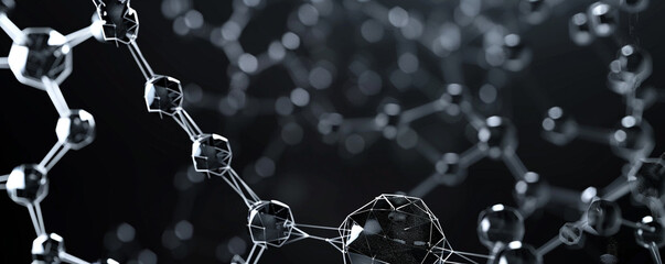 Deep black background featuring advanced molecular designs intricate polygons forming complex molecular networks, showcasing futuristic technology themes.