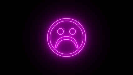 Glowing purple neon sadness symbol blinking. Sad emoji facial expression icon loop motion graphics transparent background with alpha channel. Abstract unhappy sign