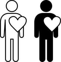 Beloved icons. Black and White Vector Icons of a Man with a Big Heart. Lover, Emotion. Concept of Relationships and Positive Thinking