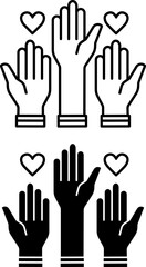 Obraz premium Volunteer icons. Black and White Vector Raised Hands Icons. Charity, Help, Care. Positive Thinking Concept