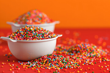 red and green beans in bowl, Against the cheerful backdrop of orange, the sprinkles stand out in vivid contrast, their bright hues popping against the warm, inviting color of the background