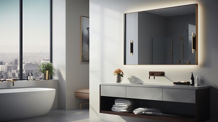 A sleek and modern smart mirror with built-in display, touch controls, and voice assistant integration, providing information and entertainment while getting ready.