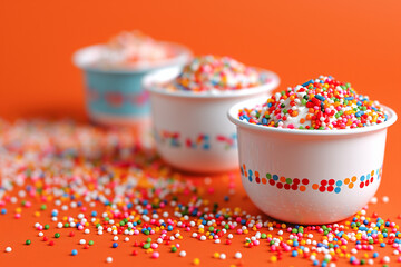 candy in a glass jar, Against the cheerful backdrop of orange, the sprinkles stand out in vivid contrast, their bright hues popping against the warm, inviting color of the background