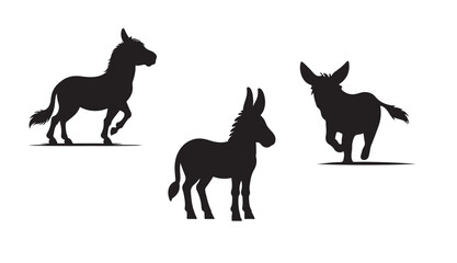 Donkey vector black silhouette illustration set