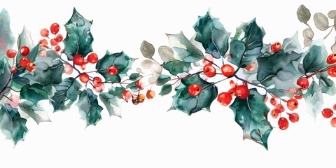 Fototapeta premium Watercolor Holly Branches Christmas Card Template Generative AI
