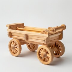 A wooden toy wagon with wheels on a white background