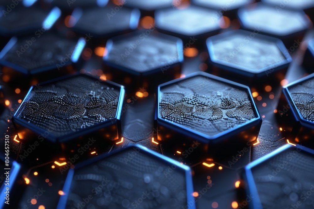 Poster close-up view of hexagonal patterns with intricate glowing circuit lines representing futuristic tec