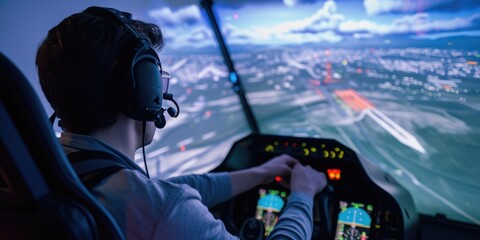Smart pilot training and looking at control panel in simulated flight. Confident professional pilot practicing flying aircraft while sitting at plane cockpit and learning to use control panel. AIG42.