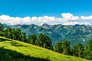 View of the peaks of the Maritime-Alps from the Alpet mount on a sunny summer day
