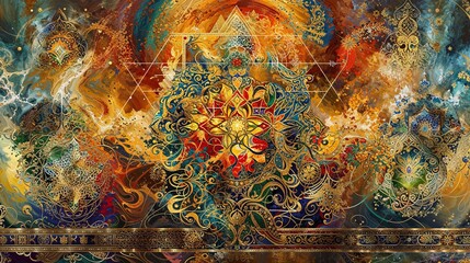 Cosmic Tapestry with Intricate Golden Mandalas