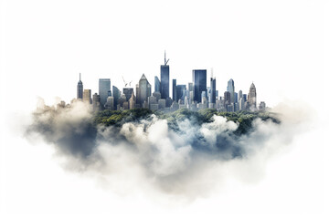 A breathtaking aerial view of a city skyline with skyscrapers reaching into the clouds, isolated on solid white background.