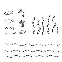 Set of underwater elements. Different fishes, seaweeds, laminaria algae and sea waves isolated on background. Vector hand drawn illustration in doodle style. Marine underwater design elements. Summer