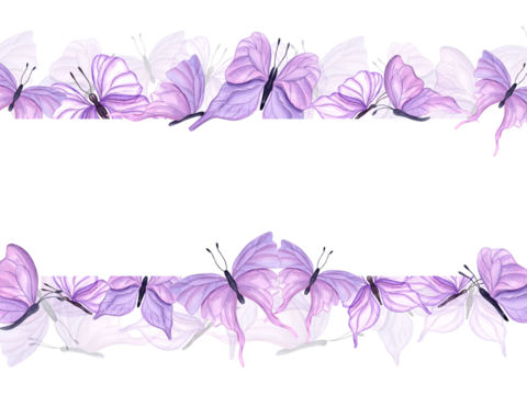 Fluttering pink butterflies of various shapes. Horizontal frame of abstract watercolor tropical insects. Hand drawn illustration for wedding invitation, greetings. Copy space for text.