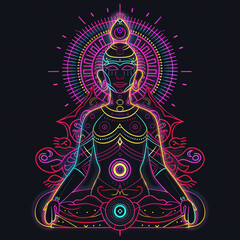 Yogi in lotus position, Bright neon sticker on a black background