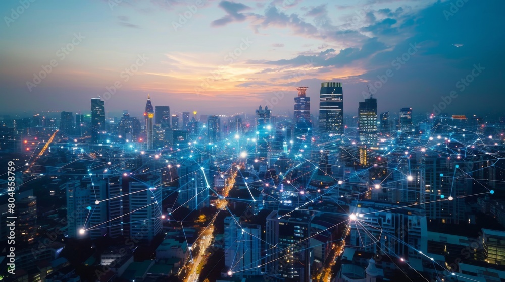 Poster The modern creative communication and internet network connect in smart city . Concept of 5G wireless digital connection and internet of things future.