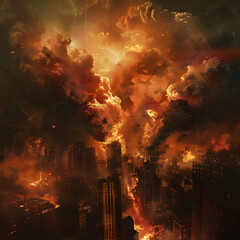 Building burned in a flaming fire, concept of war , Apocalypse city.