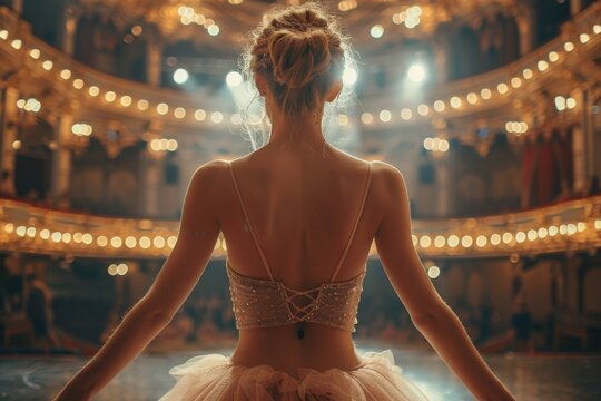 The back view of a ballerina on stage illuminates her poised stance amidst dazzling stage lighting