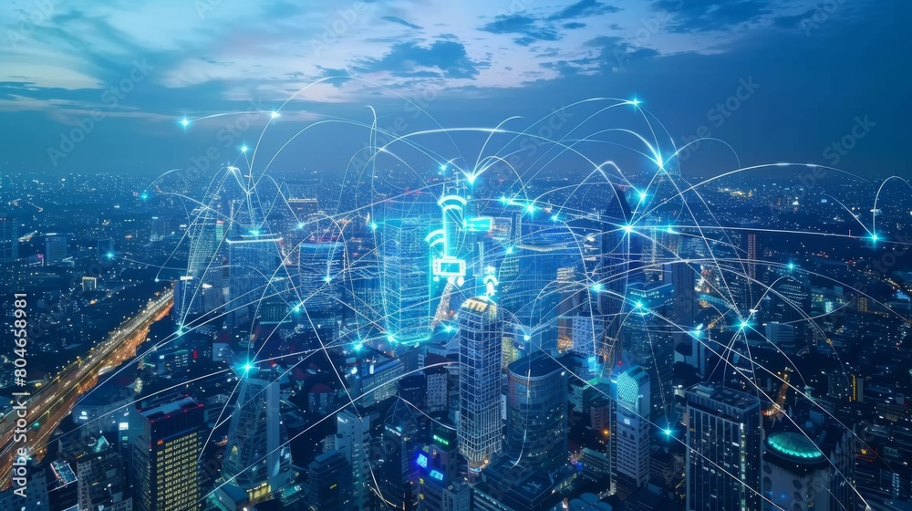 Poster The modern creative communication and internet network connect in smart city . Concept of 5G wireless digital connection and internet of things future.