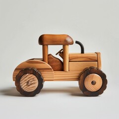 Fototapeta premium A wooden toy car resembling a tractor with wheels, set against a white background
