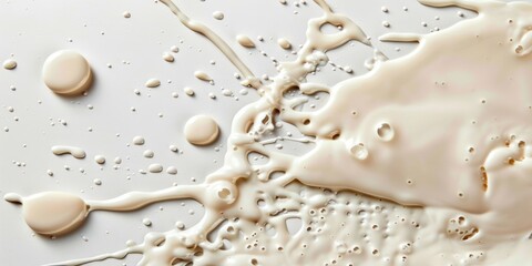 White Beauty: Closeup of Spilled Milk Puddle with Creamy Texture on Bright Background - obrazy, fototapety, plakaty