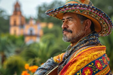 A vibrant mariachi in traditional sombrero playing guitar in front of a historic church