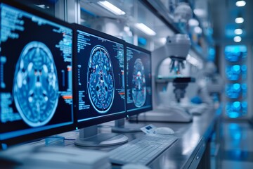 Advanced technology in a medical lab showcasing multiple computer screens exhibiting detailed brain scans