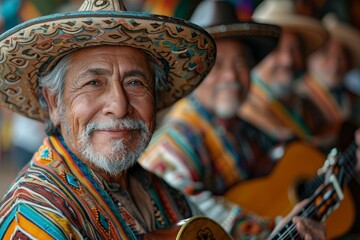 A man playing the guitar, dressed in colorful, traditional Mexican attire with a sombrero