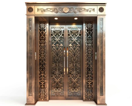 Vintage Elevator with Forged Decorative Elements, Open/Closed Latticed Door, Front View.