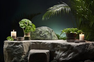 A rock ledge with a few plants and candles on it - obrazy, fototapety, plakaty