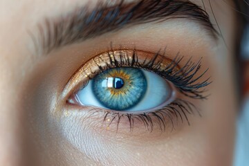 Fototapeta premium This detailed close-up showcases the stunning intricacies of a human eye, accentuated with golden eye shadow that highlights the iris’s golden hues