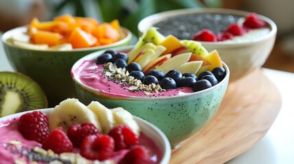 Vibrant tropical smoothie bowls brimming with blended fruit goodness, a refreshing taste of paradise."