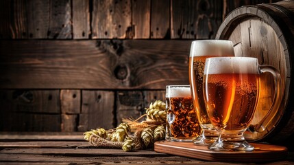 beers and beer mugs displayed in front of a wooden barrel, against a backdrop of a brown wooden wall, with wheat ears accentuating the rustic ambiance.