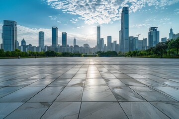 Fototapeta premium Empty square floor with urban skyline background in Shenzhen, China Generative AI