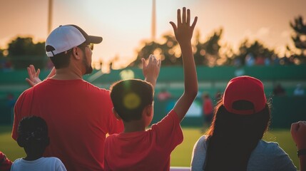 Parents and kids watching youth sports game, in the crowd at stadium cheering family playing baseball soccer field sport