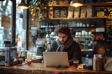 Focused man with curly hair engrossed in work on his laptop at a wooden table in a bustling coffee shop. AI Generated.