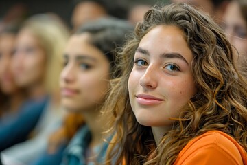 Obraz premium Close-up of a young female student with curly hair and engaging eyes, focused and attentive in a health education class. AI Generated