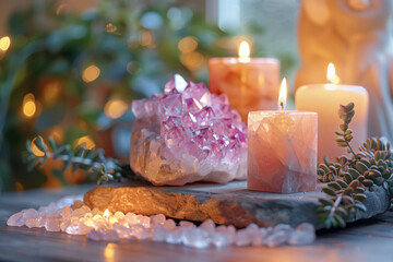 A cozy setting with a large pink crystal, candles, and succulents, promoting a holistic healing environment. AI Generated
