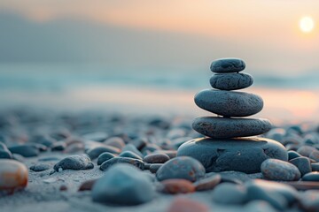 Stacked smooth pebbles on a serene beach at sunrise, embodying the essence of balance and meditation AI Generated.