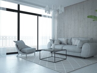 Nowoczesny minimalistyczny salon z sofą fotelem i stolikiem kawowym i dekoracyjną ozdobną drewnianą ścianą © VILKTERIO