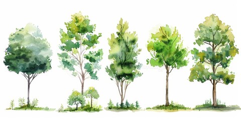 Watercolor Green Tree on White Background Generative AI