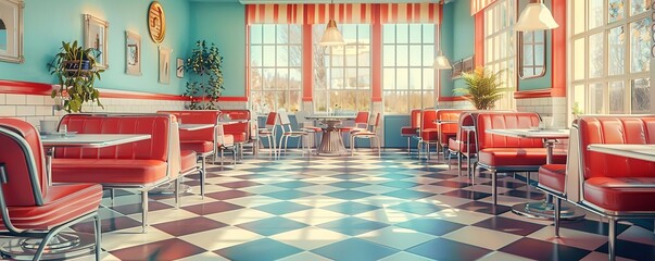 A vintagestyle hotel cafeteria with retro decor and a classic American diner menu